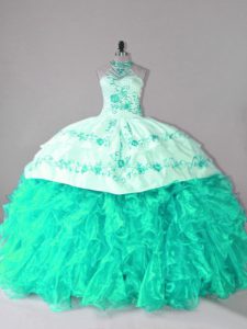 Turquoise Vestidos de Quinceanera Organza Court Train Sleeveless Embroidery and Ruffles