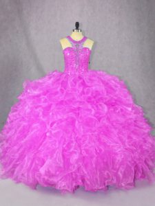 Smart Fuchsia Ball Gowns Scoop Sleeveless Organza Floor Length Zipper Beading and Ruffles Sweet 16 Dress