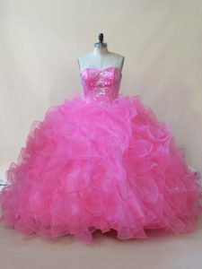 Hot Pink Lace Up Sweet 16 Dresses Beading and Ruffles Sleeveless Floor Length