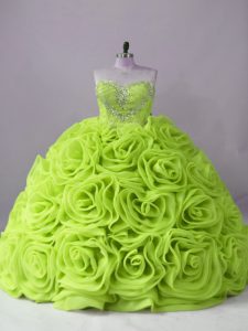 Custom Made Beading Quinceanera Gown Yellow Green Lace Up Sleeveless Brush Train