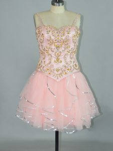 Pink Spaghetti Straps Lace Up Beading and Ruffles Prom Evening Gown Sleeveless