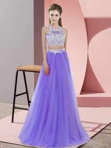 Most Popular Lavender Sleeveless Lace Floor Length Vestidos de Damas