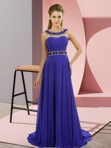 Glorious Blue Zipper Prom Dresses Beading Sleeveless Brush Train