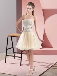 New Arrival Champagne A-line Tulle Sweetheart Sleeveless Beading Mini Length Zipper Prom Dress