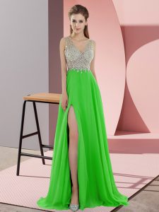 Free and Easy Green Sleeveless Sweep Train Beading Prom Evening Gown