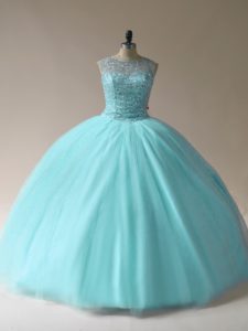 Aqua Blue Lace Up Scoop Beading Quince Ball Gowns Tulle Sleeveless