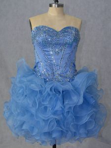 Baby Blue Organza Lace Up Sweetheart Sleeveless Mini Length Evening Dress Beading and Ruffles