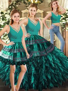 V-neck Sleeveless Organza Ball Gown Prom Dress Appliques and Ruffles Backless