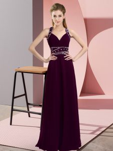 Decent Dark Purple Empire Chiffon Straps Sleeveless Beading Floor Length Backless Prom Gown