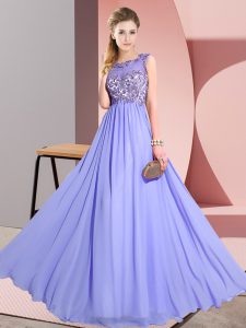 Beautiful Lavender Chiffon Backless Scoop Sleeveless Floor Length Damas Dress Beading and Appliques