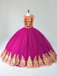 Fuchsia Ball Gowns Tulle Scoop Sleeveless Beading and Appliques Floor Length Lace Up Quinceanera Dresses