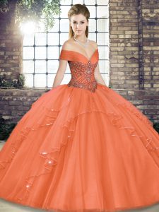 Noble Orange Red Off The Shoulder Neckline Beading and Ruffles Quinceanera Gowns Sleeveless Lace Up
