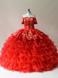 Dazzling Red Organza Lace Up Sweet 16 Dress Sleeveless Floor Length Embroidery and Ruffled Layers