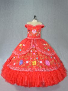 Super Red Lace Up Off The Shoulder Embroidery Quinceanera Dress Satin Sleeveless