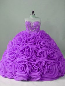 Lavender Ball Gowns Beading Quinceanera Gown Lace Up Fabric With Rolling Flowers Sleeveless
