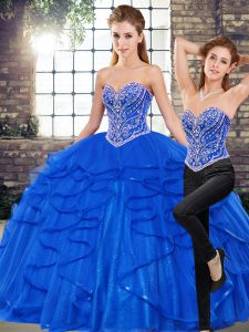 Inexpensive Tulle Sleeveless Floor Length Sweet 16 Dress and Beading and Ruffles