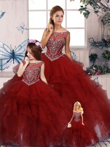 Great Burgundy Organza Zipper Scoop Sleeveless Floor Length Quinceanera Gown Beading and Ruffles