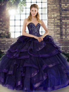 Custom Made Purple Lace Up Sweetheart Beading and Ruffles 15th Birthday Dress Tulle Sleeveless