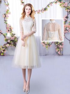 Simple Champagne Dama Dress Wedding Party with Lace High-neck Half Sleeves Lace Up