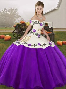 Sexy Floor Length White And Purple Sweet 16 Dress Off The Shoulder Sleeveless Lace Up
