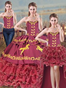 Sweetheart Sleeveless Brush Train Lace Up 15th Birthday Dress Burgundy Satin and Organza