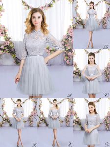 Grey Empire Lace and Belt Quinceanera Dama Dress Zipper Tulle Half Sleeves Mini Length
