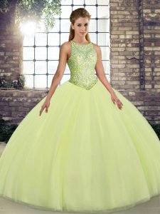 Tulle Scoop Sleeveless Lace Up Embroidery Quince Ball Gowns in Yellow Green