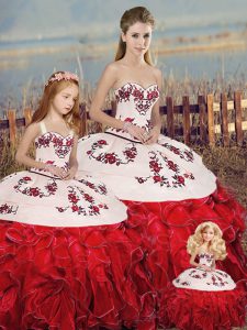 Colorful Floor Length Ball Gowns Sleeveless White And Red Quinceanera Gowns Lace Up
