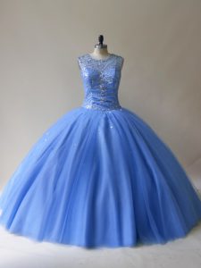 Clearance Sleeveless Tulle Floor Length Lace Up Quinceanera Gown in Baby Blue with Beading