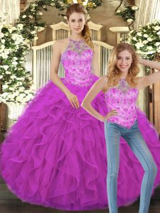 High Class Fuchsia Two Pieces Tulle Halter Top Sleeveless Beading and Ruffles Floor Length Lace Up Sweet 16 Quinceanera Dress