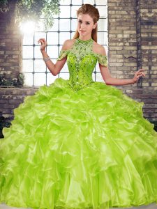 Super Floor Length Olive Green Sweet 16 Quinceanera Dress Organza Sleeveless Beading and Ruffles