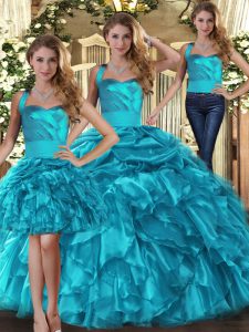 Sleeveless Floor Length Ruffles and Pick Ups Lace Up Vestidos de Quinceanera with Teal