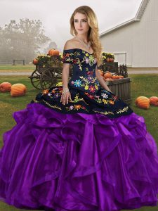 Traditional Off The Shoulder Sleeveless Lace Up 15th Birthday Dress Black And Purple Organza
