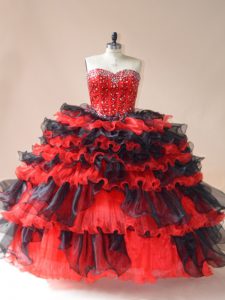 Spectacular White And Red Sweetheart Lace Up Beading and Ruffled Layers Ball Gown Prom Dress Sleeveless