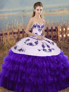 White And Purple Sweetheart Lace Up Embroidery and Ruffled Layers and Bowknot Quinceanera Dresses Sleeveless