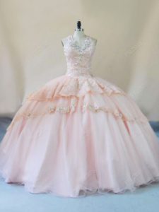 Peach Lace Up Halter Top Beading and Lace and Appliques 15 Quinceanera Dress Tulle Sleeveless