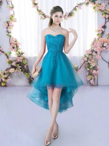 Sweetheart Sleeveless Damas Dress High Low Lace Teal Tulle
