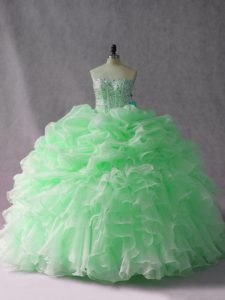 Lace Up Vestidos de Quinceanera Apple Green for Sweet 16 and Quinceanera with Beading and Ruffles Brush Train