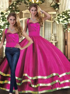 Dazzling Sleeveless Tulle Floor Length Lace Up Quinceanera Gown in Fuchsia with Ruffled Layers