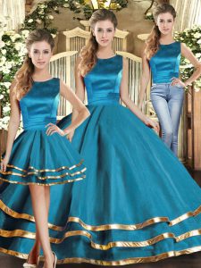 Teal Three Pieces Scoop Sleeveless Tulle Floor Length Lace Up Ruffled Layers 15 Quinceanera Dress