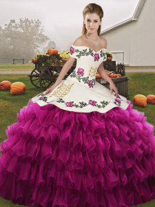 Customized Off The Shoulder Sleeveless Quinceanera Gown Floor Length Embroidery and Ruffled Layers Fuchsia Organza