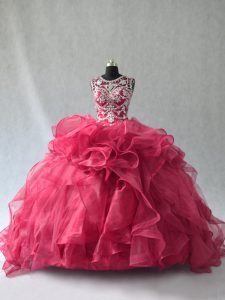 Red Lace Up Scoop Beading and Ruffles Quinceanera Dress Organza Sleeveless