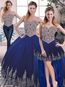 Chic Sleeveless Floor Length Embroidery Lace Up Vestidos de Quinceanera with Royal Blue