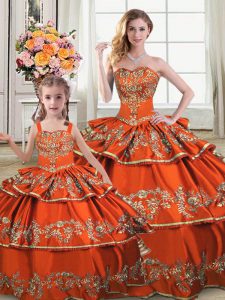 Fancy Orange 15 Quinceanera Dress Sweet 16 and Quinceanera with Embroidery and Ruffled Layers Straps Sleeveless Lace Up