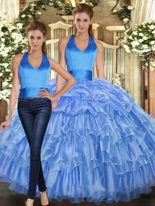 Floor Length Baby Blue Sweet 16 Quinceanera Dress Halter Top Sleeveless Lace Up