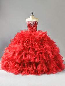 Stunning Red Sleeveless Floor Length Beading and Ruffles and Sequins Lace Up Quinceanera Dresses