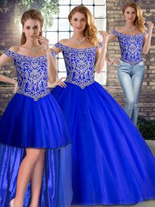 Royal Blue Sleeveless Tulle Brush Train Lace Up 15th Birthday Dress for Military Ball and Sweet 16 and Quinceanera