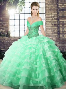 Flirting Organza Off The Shoulder Sleeveless Brush Train Lace Up Beading and Ruffled Layers Quinceanera Gowns in Apple Green