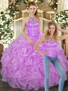 Lilac Two Pieces Beading and Ruffles Ball Gown Prom Dress Lace Up Tulle Sleeveless Floor Length