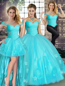 Trendy Floor Length Aqua Blue Sweet 16 Dress Off The Shoulder Sleeveless Lace Up